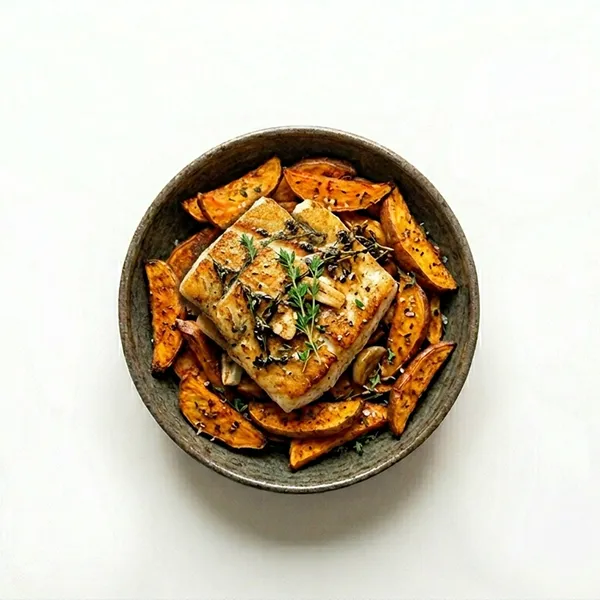Pan-Seared Butter Thyme Fish with Roasted Sweet Potato Wedges
